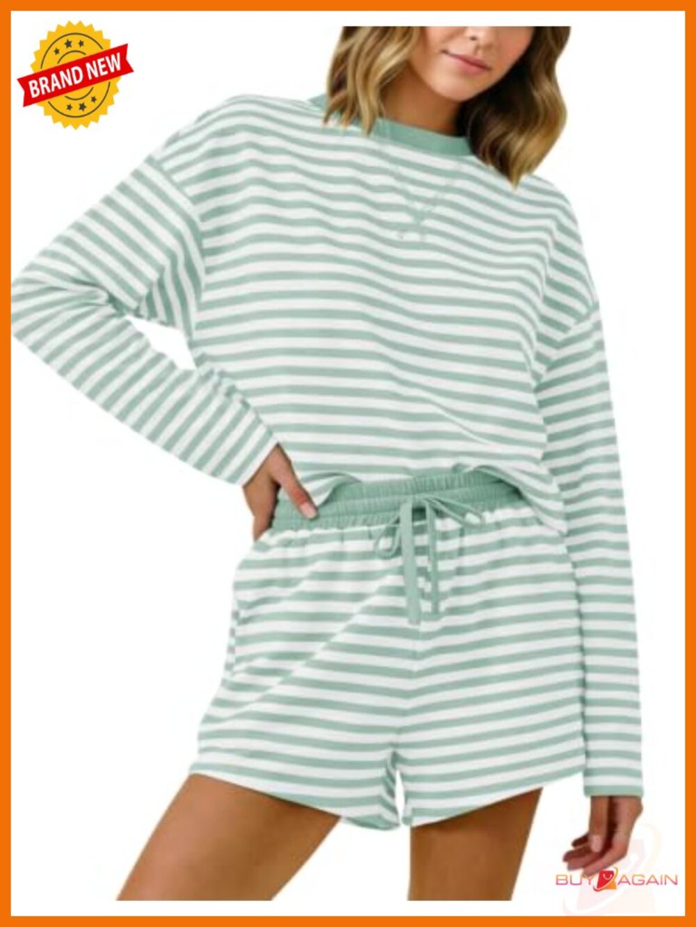 Women 2 Piece Striped Short Set Long Sleeve Tee Drawstring Lounge PJ Set